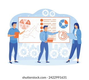 Big data science analysis concept.  Business team brainstorming and analyzing data analysis report. flat vector modern illustration 