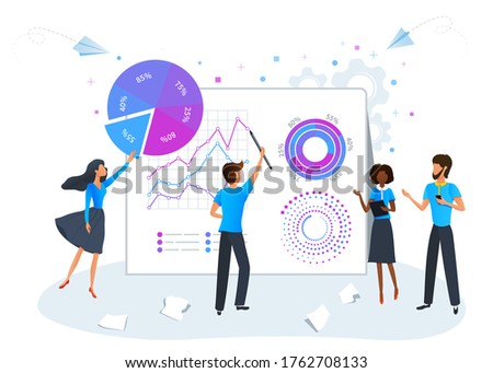 Big data science analysis concept. Marketing research, project development management. Digital data analysis service. Business team brainstorming and analyzing data analytics report Photo stock © 