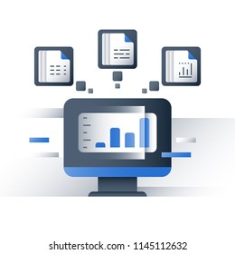 Big data science, database analyzing, information collection and processing, report graph, data server, business technology, vector icon, flat illustration