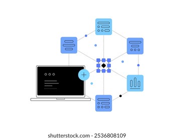 Big data y ciencia de datos. PC y nube de datos. Sistema de archivos. Ilustración plana. Archivo de Vector.