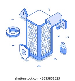 Big data secure analyzing cloud computing network digital information minimalist isometric vector illustration. Encryption database protection technology privacy internet connection monitoring