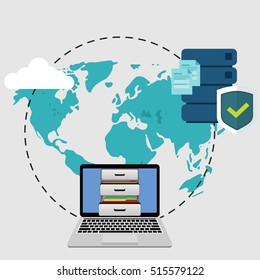 Big data secure storage from laptop with personal documents. Global storage in flat style. Cloud information saving.