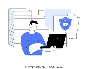 Ilustraciones vectoriales de dibujos animados aislados de seguridad de Big data. Especialista en TI se ocupa de la encriptación de archivos, tecnología moderna, transferencia de datos, aprendizaje automático, dibujos animados de Vector de protección de red.