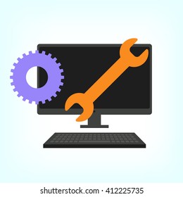 Big Data Security Maintenance and Tech Icon with Wrench and Gear Tools for Technician to Use when Scanning Systems - Internet or Information Technology Repairs