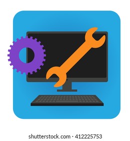 Big Data Security Maintenance and Tech Icon with Wrench and Gear Tools for Technician to Use when Scanning Systems - Internet or Information Technology Repairs