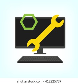 Big Data Security Maintenance and Tech Icon with Wrench and Gear Tools for Technician to Use when Scanning Systems - Internet or Information Technology Repairs