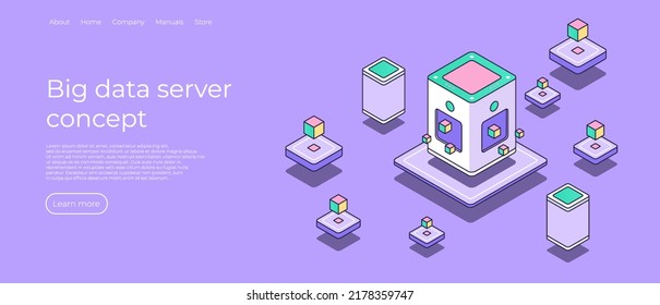 Big Data Server Concept Isometric. Data Base Technology. Server Room. Blockchain Concept. Abstract 3d Data Center, Farming Work Station. Computer Storage. Vector Illustration