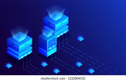 Big data server connected to multiple local servers, monitor analysis stats on glossy blue background. Isometric design for Data Center or management concept.