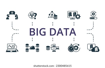 Big data set. Creative icons: effective communication, potential clients, data structure, file management, update, system monitoring, distributed database, database architecture, fast processing