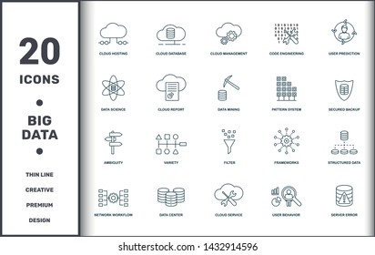Big Data set icons collection. Includes simple elements such as Cloud Hosting, Cloud Database, Cloud Management, Code Engineering, User Prediction, Variety and Filter premium icons.