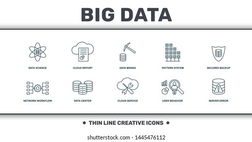 Big Data set icons collection. Includes simple elements such as Data Science, Cloud Report, Data Mining, Pattern System, Secured Backup, Data Center and Cloud Service premium icons.