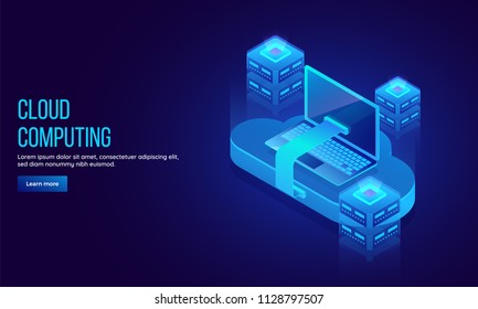 Big data sharing concept landing page design for Cloud Computing with 3D illustration of 3 local server connected with cloud pc.