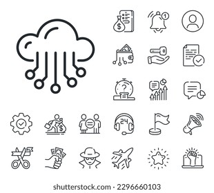 Big data sign. Salaryman, gender equality and alert bell outline icons. Cloud storage service line icon. Cloud storage line sign. Spy or profile placeholder icon. Online support, strike. Vector