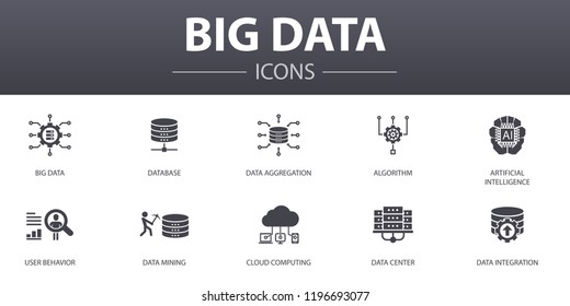 Big data simple concept icons set. Contains such icons as Database, Artificial intelligence, User behavior, Data center and more, can be used for web, logo, UI/UX