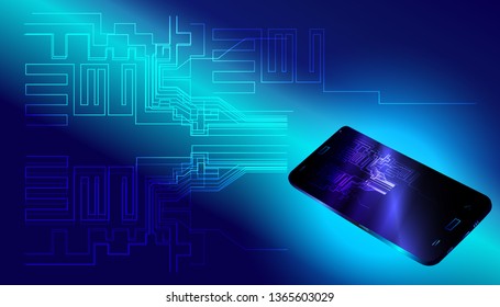 Big data and smartphone on blue nformation technology background. Connect in network and 5G concept .