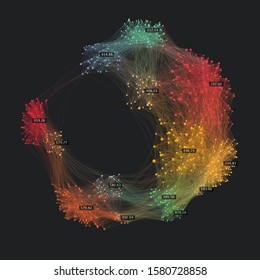 Big data. Social media graph of users. Beautiful data. Creative visualization. Vector background. Visual information complexity. Cluster representation. 