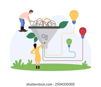 Big data sorting, visual information organization model with filter. Tiny people people sort digital chaos of ideas using funnel and connection with different light bulbs cartoon vector illustration