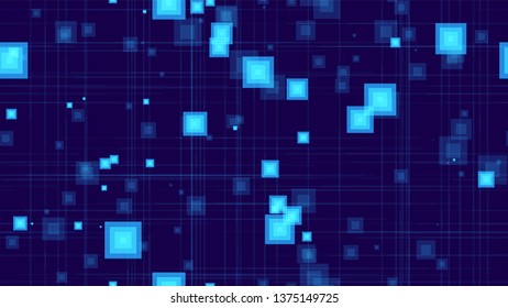 Big Data Space Seamless Background with Neon Shapes. Texture with Bright Rectangles. Minimal Neon Poster Pattern. Futuristic Led Background.