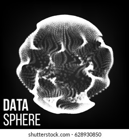 Big Data Sphere. Vector Cyber Sphere Structure Representation. Digital Abstract Background With Glowing Halftone, Flying Debris.