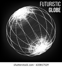 Big Data Sphere. Vector Cyber Sphere Structure Representation. Digital Abstract Background With Glowing Halftone, Flying Debris.