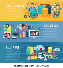 Big data statistic analysis storage en processing techniques 3 flat horizontal banners set abstract isolated illustration vector