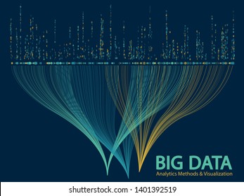 Big data statistical methods visualization concept vector design. 0 and 1 binary information data visualization. Big number of curve lines and dots structure for analysis.