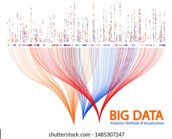 Big data statistical methods visualization concept vector design. 0 and 1 binary code data visualization. Big number of curve lines and dots structure for analysis.