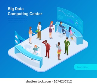 Big Data Statistics Analytics Computing Center Isometric Flat vector illustration. People standing sitting working with data on Displays