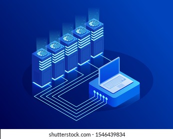 Big data storage and cloud computing technology, machine learning, artificial intelligence concept. Data center room with abstract data servers and glowing led indicators