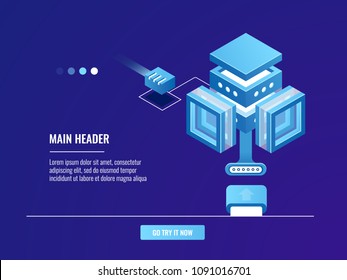 Big data storage, cloud server room, internet concetion, networking, data center database icon abstract technology object isometric vector