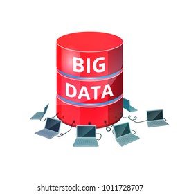 Big data storage. Database with laptops vector illustration 