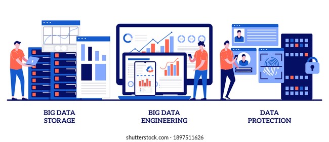 Big data storage, big data engineering, data protection concept with tiny people. Database security abstract vector illustration set. Disk infrastructure, business information safety metaphor.