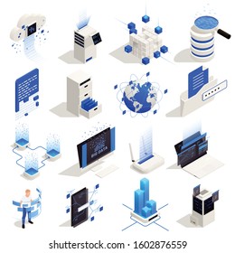 Big data storage exchange interactive world wide availability analysis processing symbols isometric icons set isolated vector illustration  