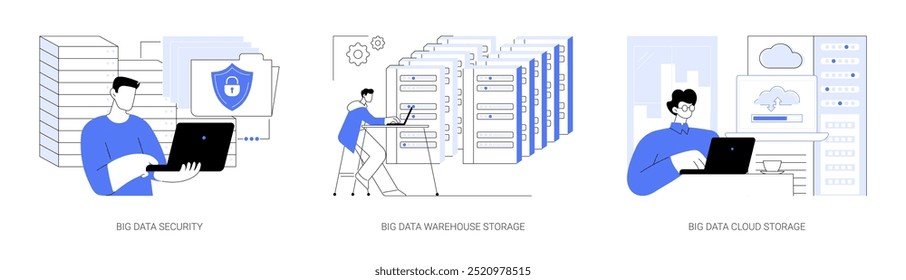 Almacenamiento de Big Data conjunto de Ilustraciones vectoriales de dibujos animados aislados. Cifrado de Archivado de trabajo especializado en TI, transferencia de datos y seguridad, almacenamiento de almacenamiento de información, almacenamiento seguro, dibujos animados de Vector de tecnología.