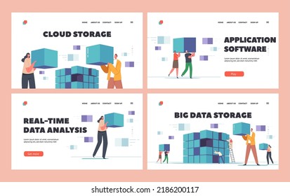 Big Data Storage Landing Page Template Set. Tiny Web Technicians Characters Using Network Data Base Interface And Interact With Data Server, Futuristic Technologies. Cartoon People Vector Illustration