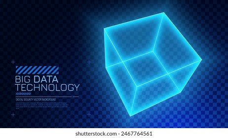 Tecnología de almacenamiento de Big Data. Fondo Abstractas del cubo de datos. Anuncio de Tecnología moderno. Servidor de información. Ciencia de datos Ilustración vectorial de algoritmos informáticos. Cubo brillante de neón.