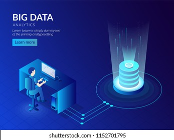 Big Data storage technology based isometric design with glowing database or server and analyst analysis the data.