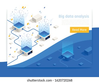 Big data storage transfer and analysis technologies isometric landing page web banner high tech design vector illustration 