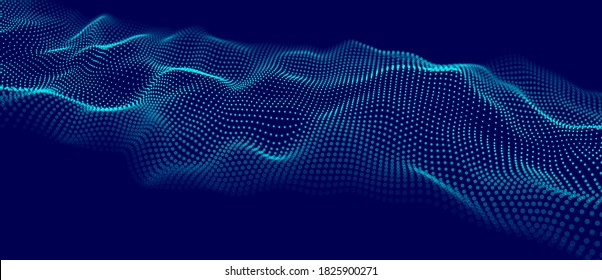 Big data stream. Abstract wave with moving dots. Flow of particles. Vector cyber technology illustration.