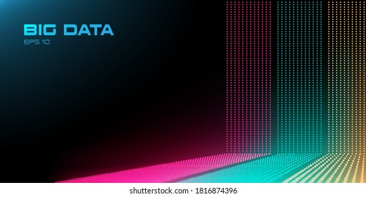 Big Data stream with Depth of Field Effect DoF. Red, green and yellow big data points with copy space. Linear perspective. Binary code structure. Abstract background. Vector
