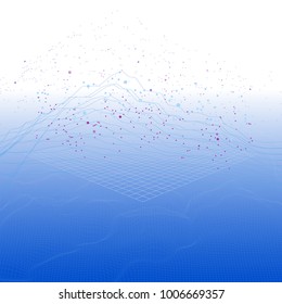 Big data stream futuristic infographic on digital cyber surface. Quantum computing, cryptography, trendy technologies infographic. 3D Bigdata visualization. Abstract visual data vector design.