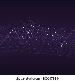 Big data stream futuristic infographic. Quantum computing, cryptography, trendy technologies infographic. Colorful particle wave. Bigdata visualization. Abstract visual data vector design.