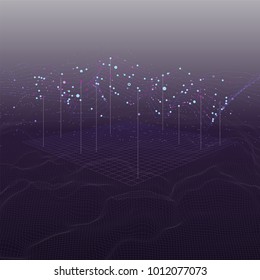 Big data stream futuristic infographic on digital cyber surface. Quantum computing, cryptography, trendy technologies infographic. 3D Bigdata visualization. Abstract visual data vector design.