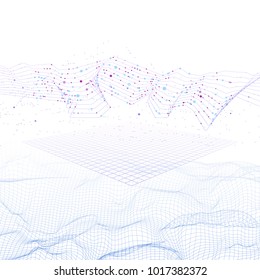 Big data stream futuristic infographic on digital cyber surface. Quantum computing, cryptography, trendy technologies infographic. 3D Bigdata visualization. Abstract visual data vector design.