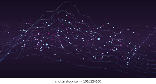 Big data stream infográfico futurista. Computação quântica, criptografia, tecnologias modernas infographic. Ondas coloridas de partículas. Visualização de Bigdata. Design abstrato de vetor de dados visuais.