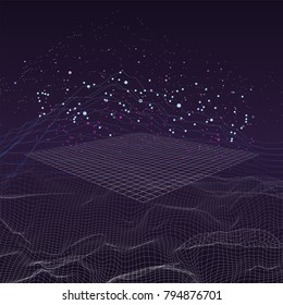 Big data stream futuristic infographic on digital cyber surface. Quantum computing, cryptography, trendy technologies infographic. 3D Bigdata visualization. Abstract visual data vector design.