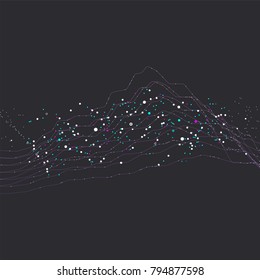 Big data stream futuristic infographic. Quantum computing, cryptography, trendy technologies infographic. Colorful particle wave. Bigdata visualization. Abstract visual data vector design.