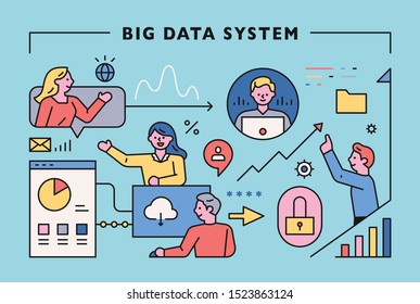 Big data system concept with working people. Digital web icons. flat design style minimal vector illustration.