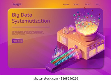 Big Data Systematization Isometric Vector Web Banner with Artificial Intelligence Creating Report or Forecast from Statistics Data. Business Indicators Automated Analysis Service Landing Page Template
