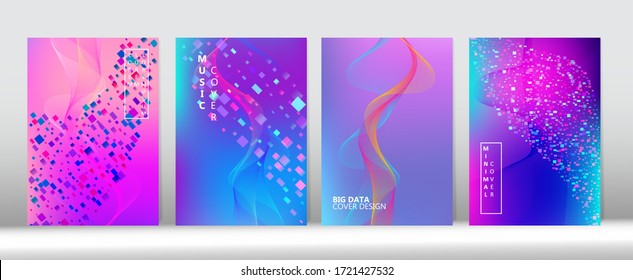 Big Data Tech Neon Magazine. 3D Liquid Shapes Trendy Cover Template. Purple Blue Pink Cyber Vector Cover Design. Minimal Covers Set. Abstract Equalizer Music Background Futuristic Gradient Overlay.